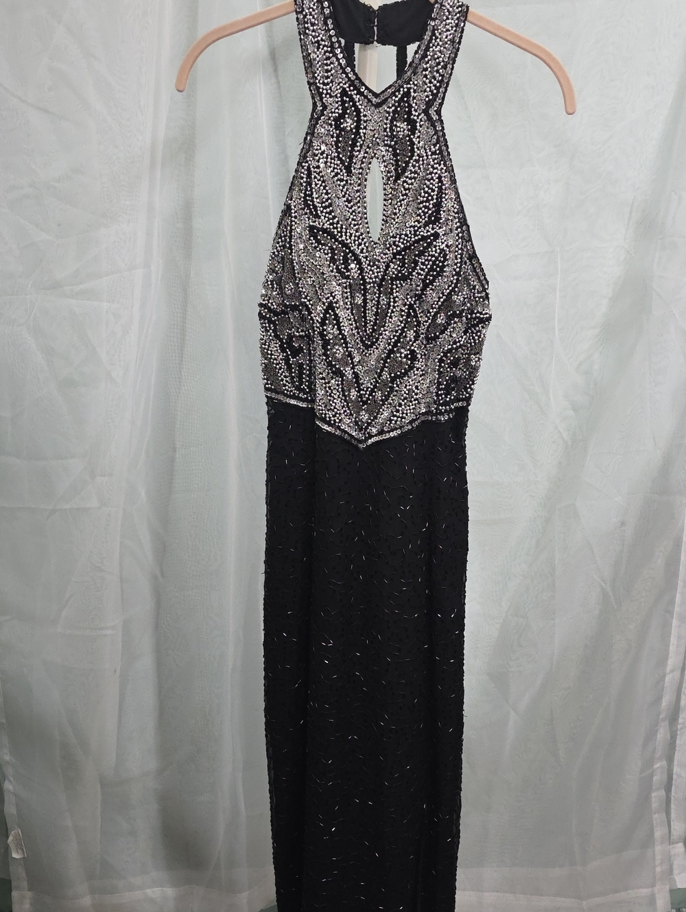 Vtg 90s Laurence Kazar Silk Beaded Halter Maxi Gown Art Deco - M/L (See Measurem